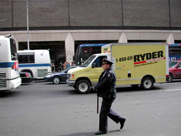 You cant tell, but hes leading a little parade of other cops.